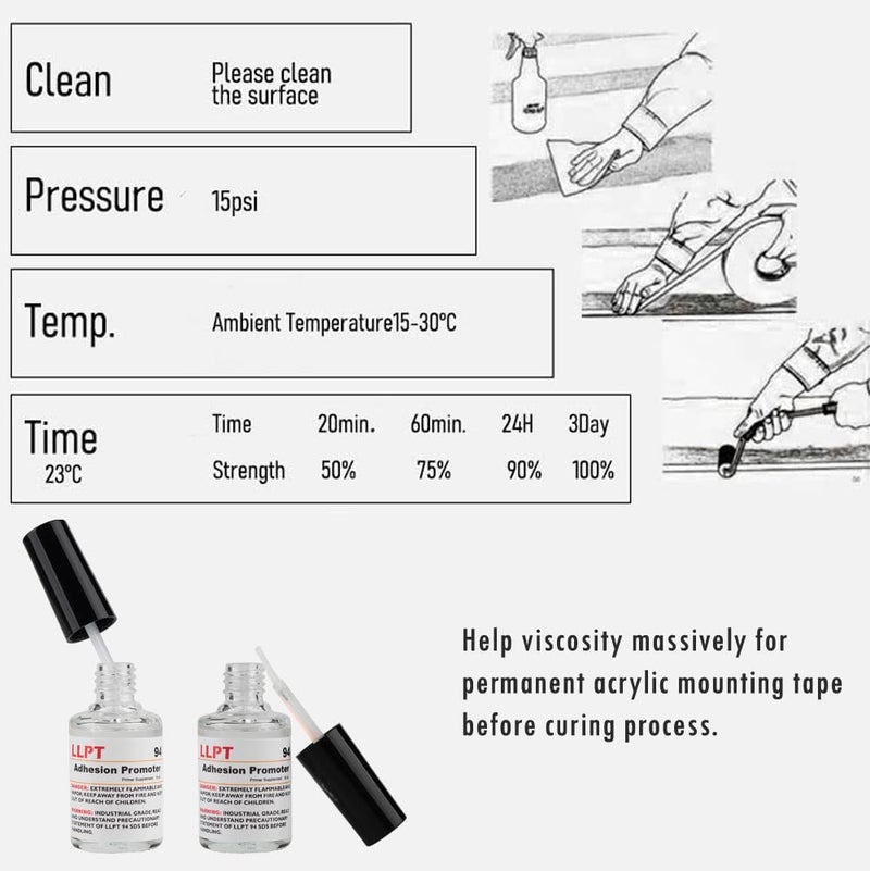 LLPT 94 Adhesion Promoter 2 Pack 18ml Each Bottle Adhesive Primer for Acrylic Double Sided Mounting Molding and Foam Tape - Image 4